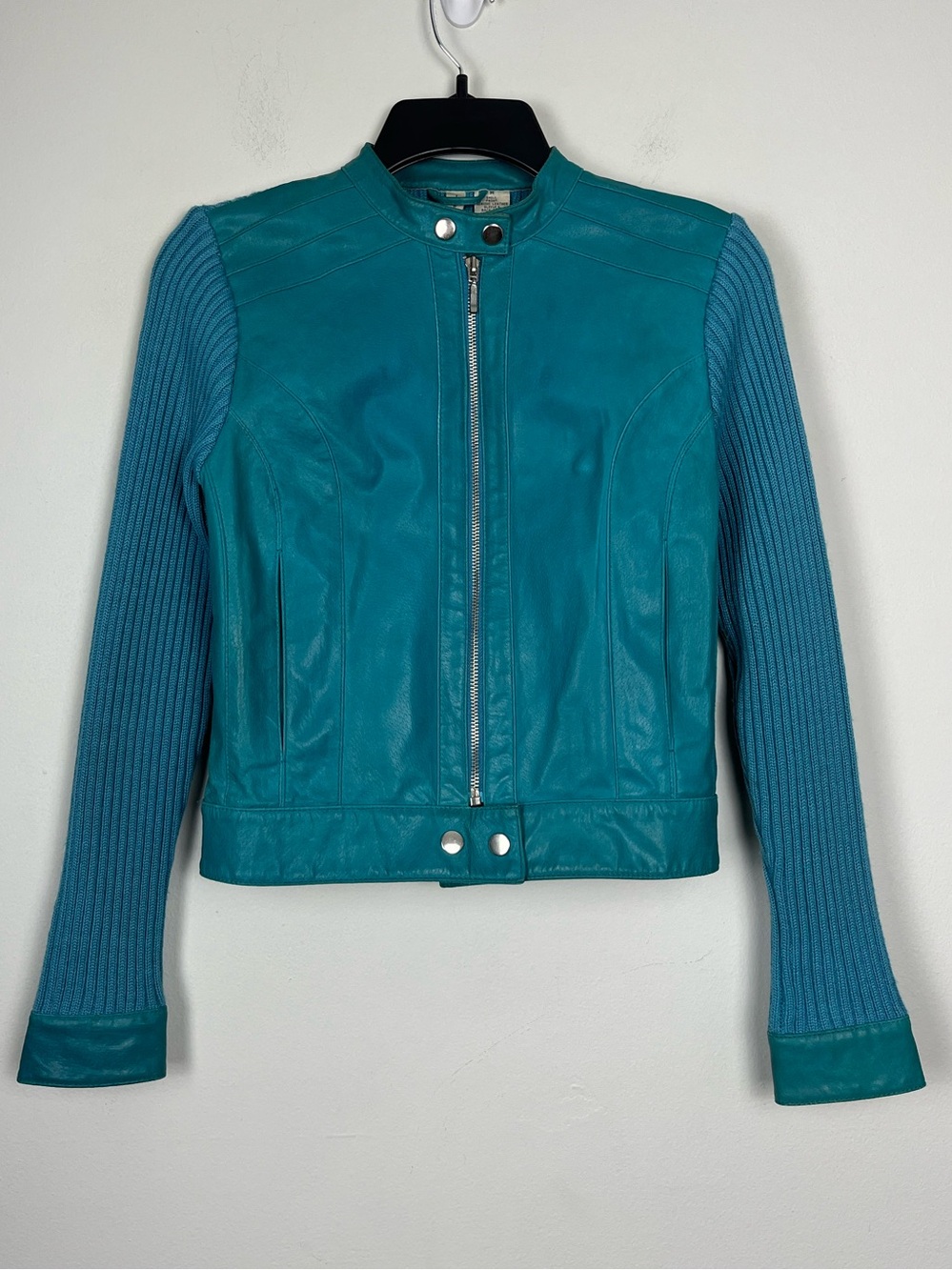 Twiggy London Leather And Knit Moto Jacket Teal MEDIUM Vintage
